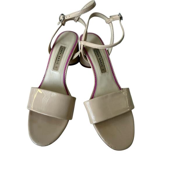 ZARA Cream Patent Leather Sandals | Round Block Heel | Size 6.5 - Picture 2 of 11